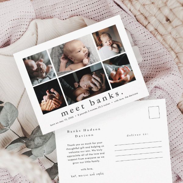 a baby's birth announcement with photos on the front and back of it, next to a card that says meet banks