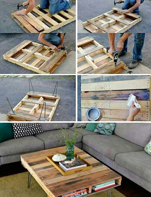 a collage of photos showing how to make a coffee table out of pallets