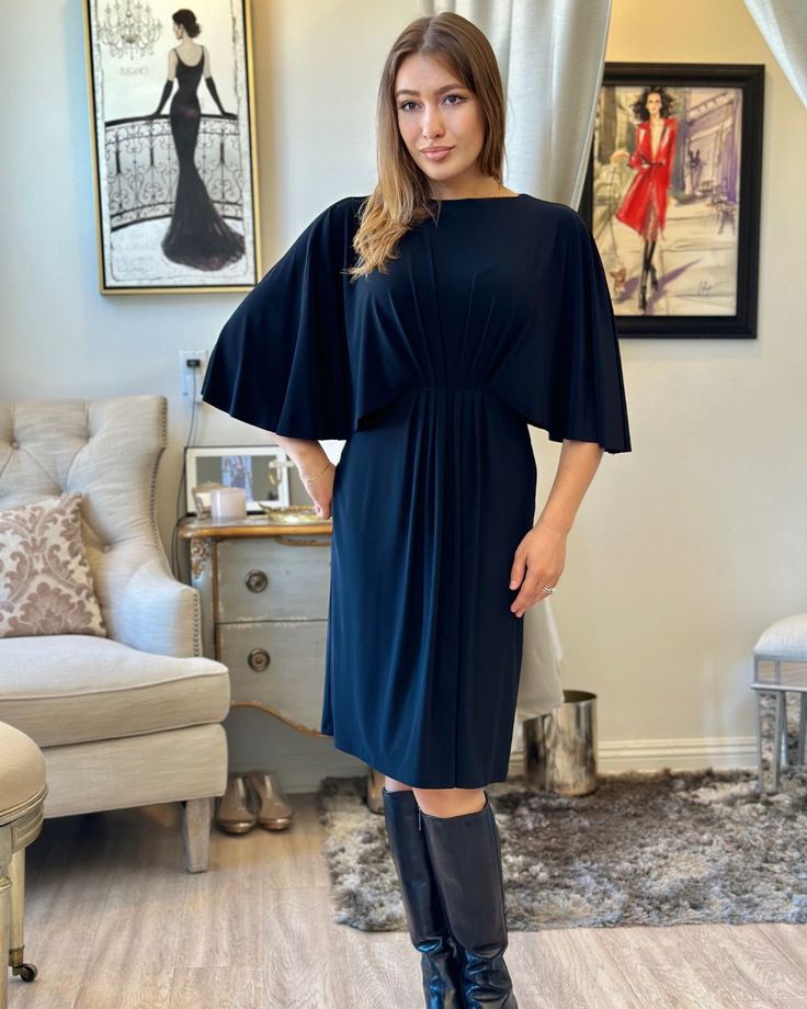 Meet our Joseph Ribkoff Flutter Sleeve Dress that effortlessly flows in all the right places, creating a silhouette that's both flattering and chic! ✨  Elevate your style game by pairing it with a classic or edgy belt for that extra touch of flair. Versatility at its best, this dress is ready to take you from day to night. ☀️ 🌙 Fitted Midi Dress With Flutter Sleeves For Evening, Fitted Flutter Sleeve Midi Dress For Evening, Elegant Evening Dress With Flutter Sleeves, Fitted Midi Dress With Flutter Sleeves For Cocktail, Fitted Dresses With Pleated Flutter Sleeves, Chic Flutter Sleeve Midi Dress For Party, Chic Flutter Sleeve Dress For Party, Elegant Midi Dress With Ruffles And Butterfly Sleeves, Formal Ruffle Dress With Cape Sleeves