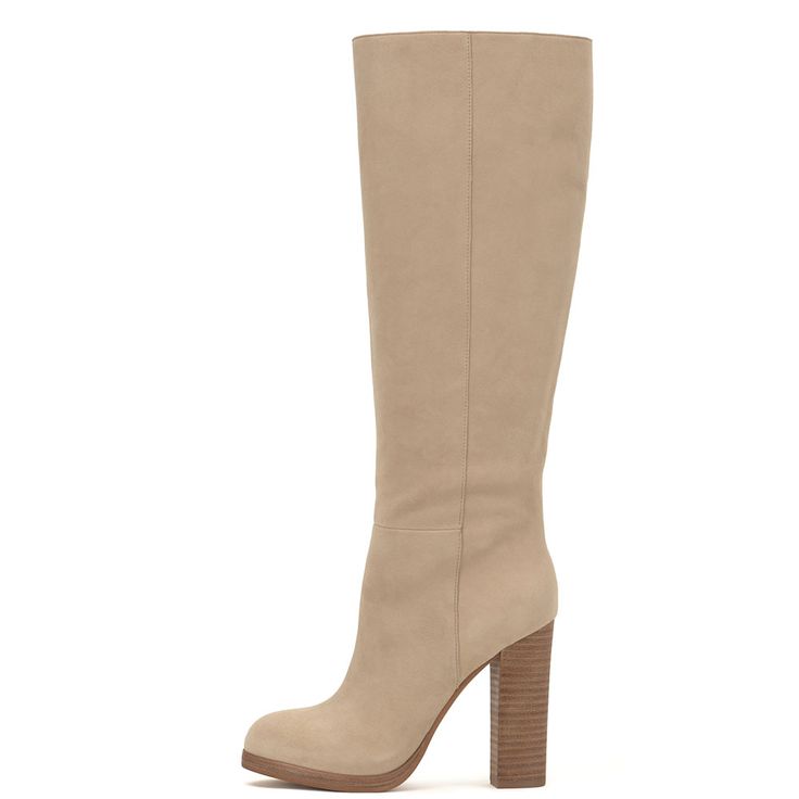 Step out in style with these FSJ Nude Round Toe Vegan Suede Knee High Boots. The block heels provide comfort and stability, while the vegan suede adds a touch of elegance. Color: Nude Material: Vegan suede Heel Type: Block heel Heel height: 4.3" / 109 mm approx Shaft height: 15.4" / 391 mm approx Product measurements were taken using size 8. Please note that measurements may vary by size. Toe: Round toe The heeled boots with roomy round toe and seam details design. Handcrafted US sizing. Fits true to size. Chic Beige Suede Knee-high Boots, Suede Boots With Stacked Heel And Wide Calf, Wide Calf Suede Boots With Stacked Heel, Wide Calf Suede Boots With Reinforced Heel, Suede Wide Calf Boots With Reinforced Heel, Suede Heeled Boots With Wide Calf Fit, Beige Suede Boots With Wide Calf, Chic Beige Heeled Boots With Suede Lining, Knee-high Suede Boots With Stacked Heel