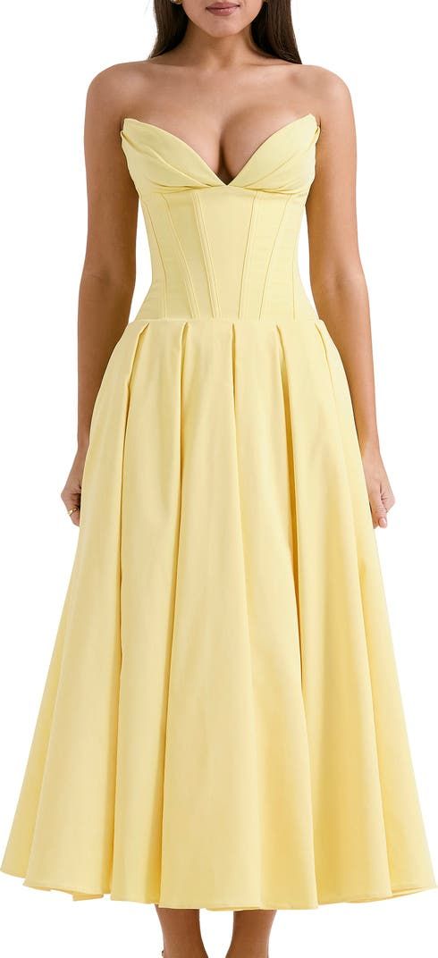 HOUSE OF CB Lady E Strapless Corset Gown | Nordstrom Light Yellow Dresses, Yellow Wedding Inspiration, Bachelorette Party Dress, Barbie Wedding Dress, Long Sleeve Ruffle Dress, Corset Gown, Yellow Gown, Yellow Dresses, Bow Tie Dress