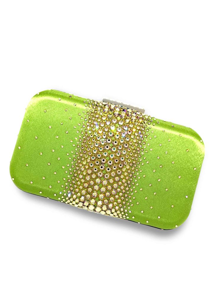 Add a pop of color with this LIMITED EDITION glamorous satin clutch — ELLA is adorned with the highest quality brilliant cut crystals to add the perfect touch of sparkle to any look. Perfect for pairing with a vibrant evening gown to bring out its designs, the Ella Crystal Clutch is a beautiful evening wear clutch with just enough detail to make the accents of your dress shine. Against a smooth and soft satin background layer are clear, sparkly crystals that are heavy in concentration and large Glamorous Green Rectangular Clutch, Green Rectangular Evening Clutch, Green Rhinestone Clutch Evening Bag, Glamorous Green Evening Bag, Green Rhinestone Party Evening Bag, Green Elegant Evening Bag, Elegant Green Evening Bag With Rhinestones, Luxury Green Embellished Clutch, Green Luxury Embellished Clutch