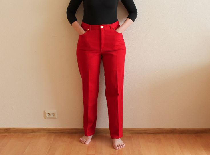 "Ralph Lauren Pants Red Pants Red Women's Pants Red Denim Pants Denim Trousers Red Ralph Lauren Denim Pants Jeans Pants High Waist Shown on model M/L Label size: 12 Measurements(lying flat): Waist: 16.5\"/ 42 cm Length: 41\"/ 104 cm Inseam: 29.5\"/ 75 cm From crotch to waist line: 12\"/ 30.5 cm Hips: ~20.5\"/ 52 cm Condition: Great Vintage Condition Material: 99% cotton,1% lycra Please check measurements to insure a proper fit. Remember to allow yourself some extra room for movement. You can com Red Wide Leg Cotton Jeans, Red Full Length Cotton Jeans, Red Straight Leg Bottoms With Pockets, Red High Waist Cotton Jeans, Red High Waist Casual Jeans, Red Stretch Wide Leg Jeans, Casual Red Five-pocket Pants, Casual Red Pants With Five Pockets, Red Straight Leg Pants With Pockets