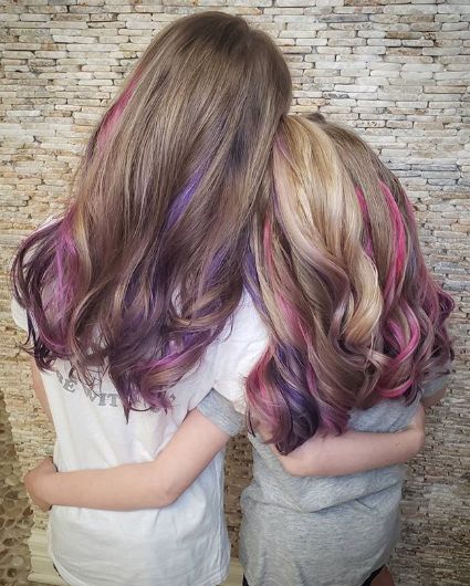 Kids Hair Color Ideas Girls Fun, Kids Purple Hair, Kids Hair Color, Peekaboo Hair Colors, Peekaboo Color, Anna Hair, Eva Hair, Pink Purple Hair, Girl Hair Dos