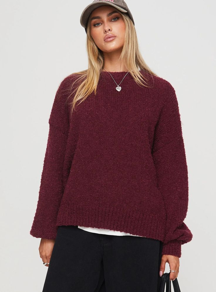 Niomie Knit Sweater Burgundy Burgundy Knit Sweater Outfit, Soft Knit Stretch Crew Neck Sweater, Stretch Soft Knit Crew Neck Sweater, Stretch Crew Neck Soft Knit Sweater, Cozy Stretch Crew Neck Knit Top, Cozy Stretch Knit Top With Crew Neck, Crew Neck Stretch Soft Knit Sweater, Winter Crew Neck Knit Top With Ribbed Cuffs, Oversized Knit Top With Ribbed Cuffs And Crew Neck