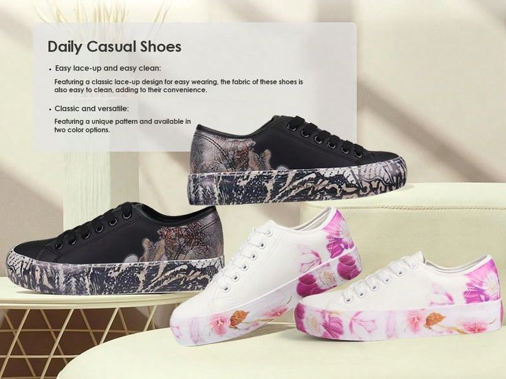 Elevate your style with these Floral Lace-Up Casual Walking Shoes! Designed with white flat kateboard sneakers, these shoes provide both comfort and fashion. Perfect for a casual day out, the floral lace-up adds an elegant touch to any outfit. Step into style and walk with confidence. Color : White Type : Skate Shoes Style : Fashionable Toe : Round Toe Pattern Type : Plants Strap Type : Lace Up Heels : Platform Heel Height : Low Heel Upper Height : Low-top Size Fit : True To Size Material : PU Leather Upper Material : PU Leather Lining Material : Fabric Power Supply : None Trendy Slip-on Skate Shoes, Trendy Flat Skate Shoes With White Sole, Casual Low-top Skate Shoes For Summer, Casual Summer Skate Shoes With Rubber Sole, Casual Summer Skate Shoes With White Sole, Casual Skate Shoes With Rubber Sole For Summer, Casual Slip-on Skate Shoes For Summer, Trendy Slip-on Skate Shoes For Spring, Casual Slip-on Skate Shoes For Spring