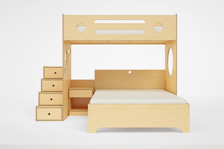 a wooden bunk bed with drawers underneath it