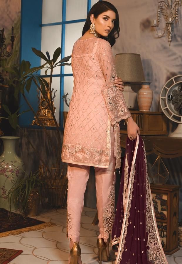 Designer Chinon Dresses, Pink Chinon Dress With Dabka Work, Party Wear Long Sleeve Chinon Dress, Party Wear Dresses In Chinon, Pink Silk Dress With Dabka Work, Pink Embroidered Dress With Intricate Details, Festive Pink Chinon Dress, Elegant Designer Wear Embroidered Dress, Party Dresses In Chinon Fabric