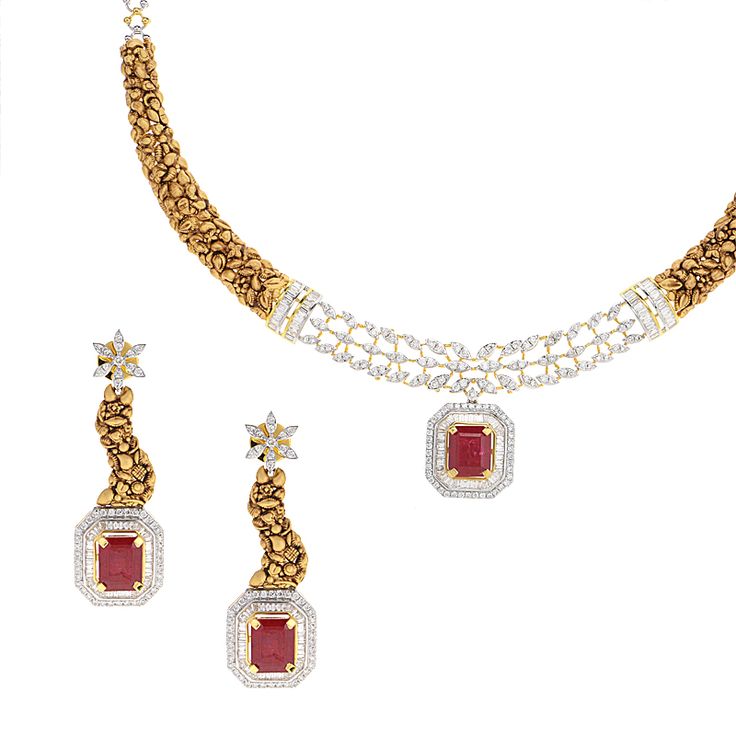 Unique designer baguette and round brilliant diamonds studded collar style necklace and earring with interchangeable gemstones in sapphire, emerald or ruby. Crafted with 18 karat antique gold, this three piece set features matching drop earrings that secure with a 1 mm post screw back. The two-tone chain within the necklace secures with a box closure. Special order: This item takes 6-8 weeks to ship. Shop with confidence with our 15 days return policy. Fine Jewelry Set With Pendant And Matching Earrings, Fine Jewelry Sets With Matching Earrings And Pendant, Elegant Festive Jewelry Sets With Diamond Accents, Elegant Red Jewelry Sets For Festive Occasions, Elegant Diamond Sets As Gifts, Elegant Jewelry Sets With Jewels For Celebration, Elegant Jewelry Sets For Celebration, Elegant Red Festive Jewelry, Elegant Jewelry Sets With Intricate Pendant Design