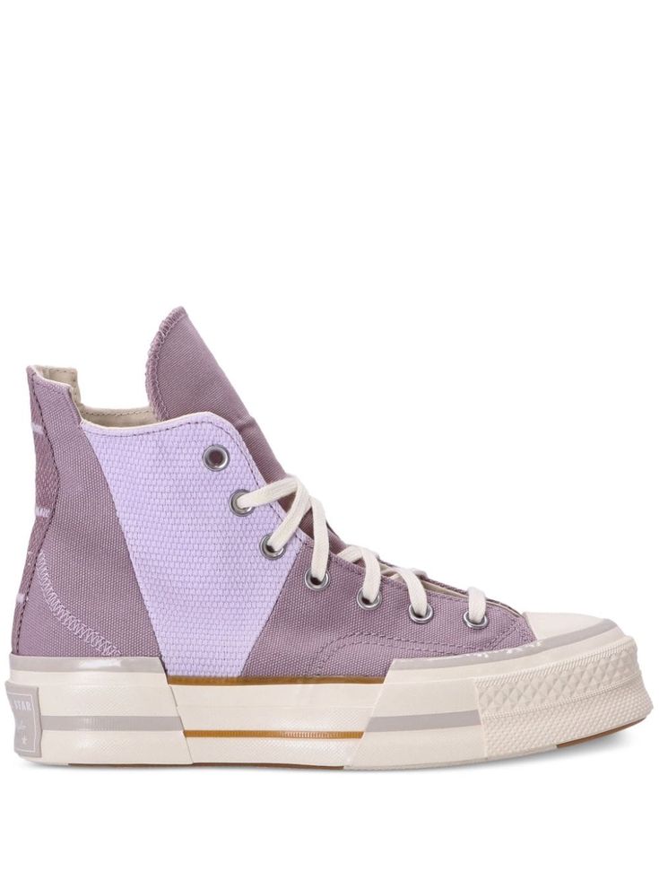 purple canvas panelled design round toe signature Chuck Taylor patch logo at the sole front lace-up fastening rubber toecap chunky rubber sole Converse High-top Sneakers For Streetwear With Rubber Heel Cap, Converse High-top Sneakers With Rubber Heel Cap For Streetwear, High-top Cotton Platform Sneakers With Contrast Sole, Converse High-top Sneakers With Contrast Sole, Mid-top Canvas Platform Sneakers With Contrast Sole, Textile Sneakers With Rubber Heel Cap For Streetwear, Converse Canvas High-top Sneakers With Contrast Sole, Canvas High-top Sneakers With Rubber Sole, Purple Canvas Sneakers With Round Toe