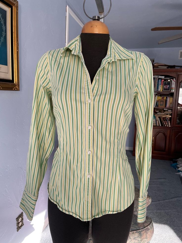 "Vintage mens' style shirt for woman, great fit spandex 3%, cotton 97% washable. please look at the princess cut style, very flattering! US Size M please check measurements below: SHOULDERS: 14.5\" BUST: 36\" WAIST: 29-31\" SLEEVES LENGHT: 23. 3/4\" LENGHT: 24\" FINAL SALE, NO RETURNS, NO EXCHANGES PLEASE CONTACT FOR ANY QUESTIONS OR CONCERNS." Vertical Striped Fitted Tops, Green Stretch Cotton Shirt, Fitted Cotton Tops With Striped Collar, Fitted Long Sleeve Shirt With Vertical Stripes, Classic Green Stretch Top, Green Stretch Classic Top, Green Slim Fit Cotton Tops, Green Stretch Long Sleeve Shirt, Fitted Shirt With Striped Collar For Spring