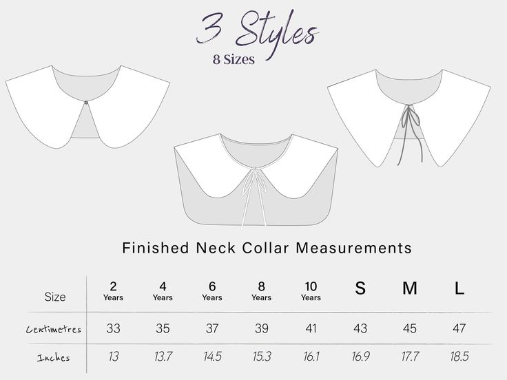 three styles of blouses with collar measurements