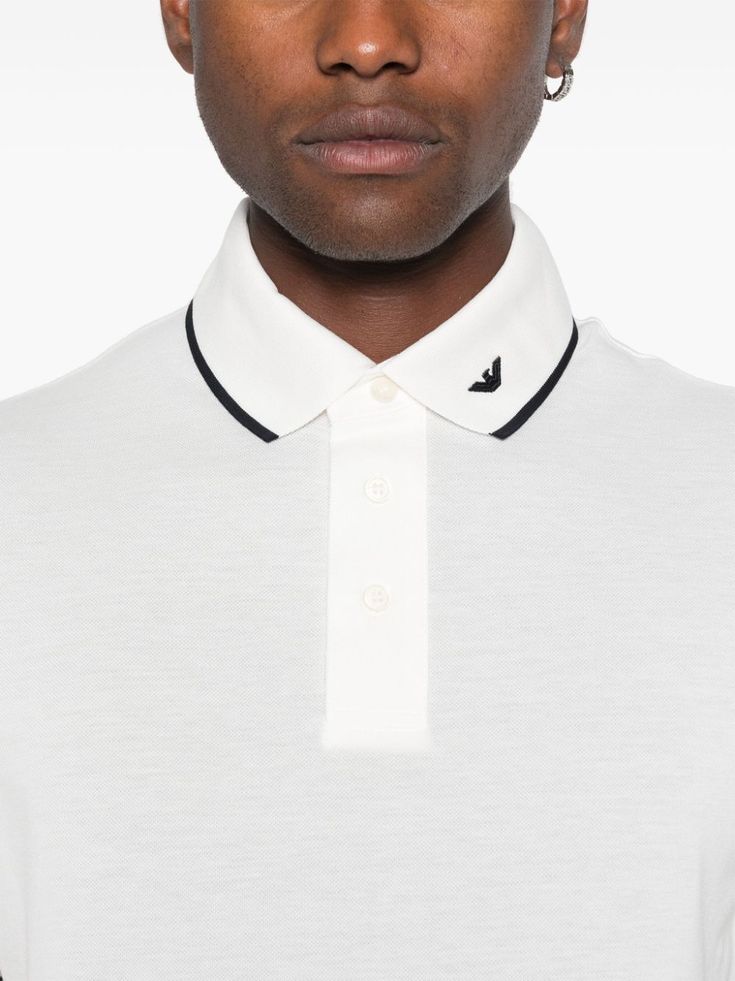 white cotton piqué weave striped edge logo-embroidered collar polo collar front button placket short sleeves ribbed cuffs side slits straight hem This item is in size XL and the color is White Shopping Online Logo, Edge Logo, Armani Tshirt, Armani Logo, Contour Kit, Embroidered Collars, Versace Outfit, Cotton Polo Shirt, Cotton Polo