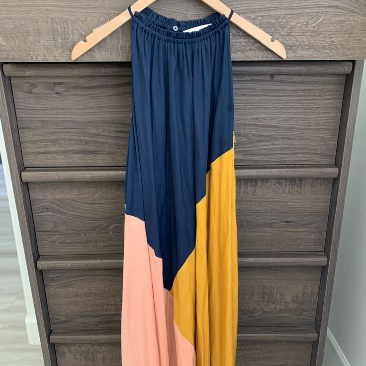 Navy, Golden, And Blush Cinched Neckline Sleeveless Dress. Runs Large. Never Worn. Summer Sleeveless Color Block Maxi Dress, Sleeveless Color Block Summer Maxi Dress, Sleeveless Color Block Maxi Dress For Summer, Summer Color Block Maxi Dress, Multicolor Summer Maxi Dress With Color Block, Summer Sleeveless Color Block Dress, Chic Yellow Color Block Dress, Summer Sleeveless Color Block Dress For Beach, Summer Beach Sleeveless Dress With Color Block