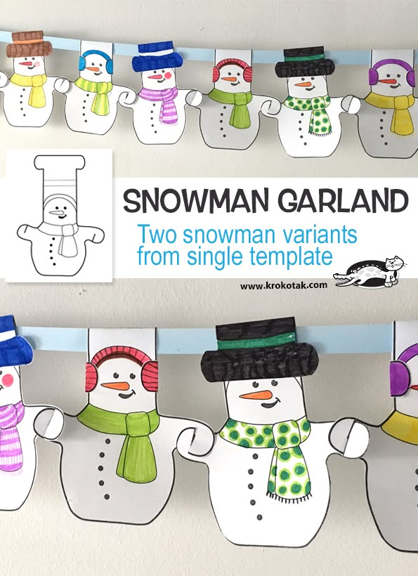 snowman garlands are hung on the wall in front of a sign that says, two snowman variations from single template