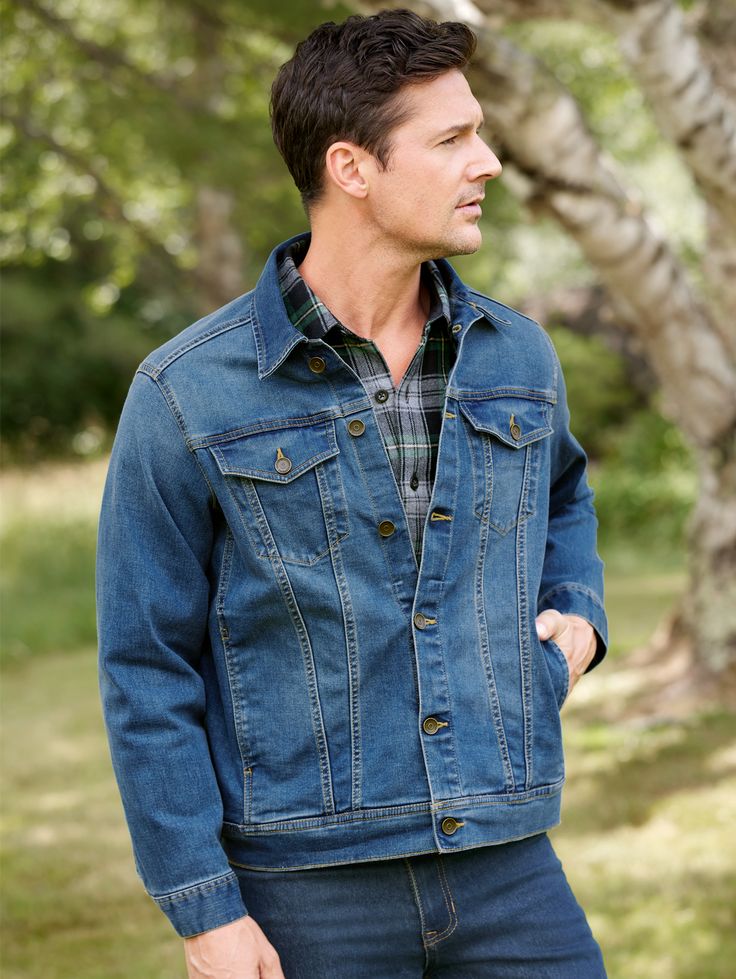 Introduced almost 150 years ago, the classic denim trucker jacket is still practical, durable, and versatile today. Our denim jean jacket offers a versatile layer for everyday wear with a relaxed fit and a touch of stretch for ease of movement. The 12-ounce denim has a medium wash that gets better over time - this is a jean jacket that's meant to be worn forever. Classic denim trucker-style jean jacket 12 oz. weight - perfect for every season wear Two patch chest pockets with button-down flaps A Classic Relaxed Fit Medium Wash Denim Jacket, Classic Denim Blue Jacket With Relaxed Fit, Classic Denim Blue Jacket In Relaxed Fit, Classic Relaxed Fit Denim Jacket In Denim Blue, Classic Relaxed Fit Denim Jacket, Casual Button-up Denim Jacket For Outdoor, Classic Dark Wash Relaxed Fit Denim Jacket, Classic Relaxed Fit Dark Wash Denim Jacket, Casual Denim Blue Jacket For Outdoor