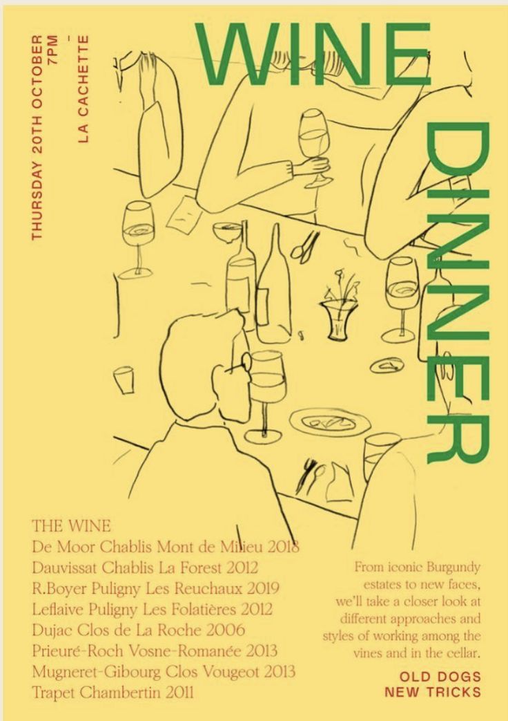 the wine dinner flyer is designed to look like it has been drawn in green and yellow