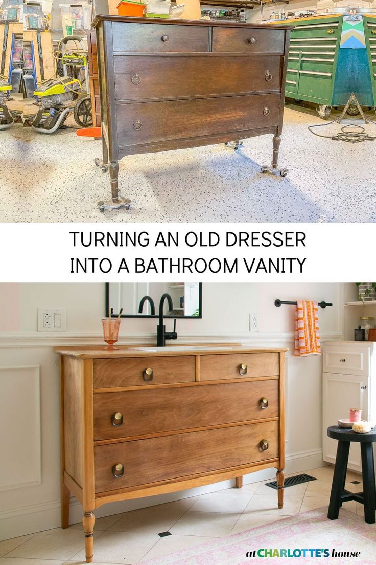 an old dresser has been turned into a bathroom vanity with the words turning a dresser into a bathroom vanity