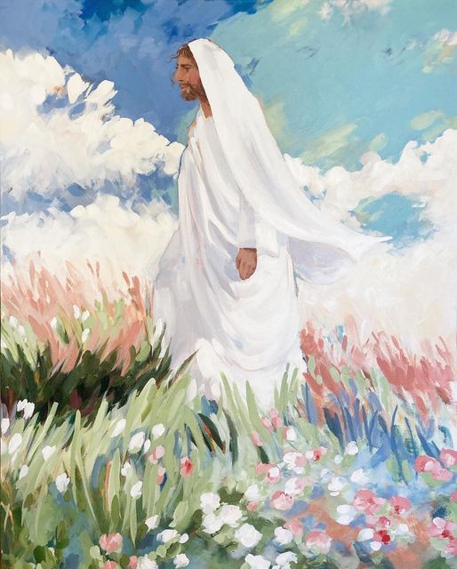 a painting of a man in white robes walking through the grass with flowers and clouds behind him