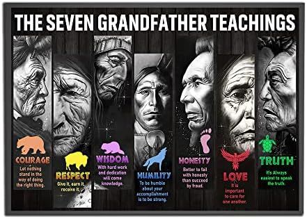 the seven grandfather teachings poster is shown in black and white, with colorful images on it