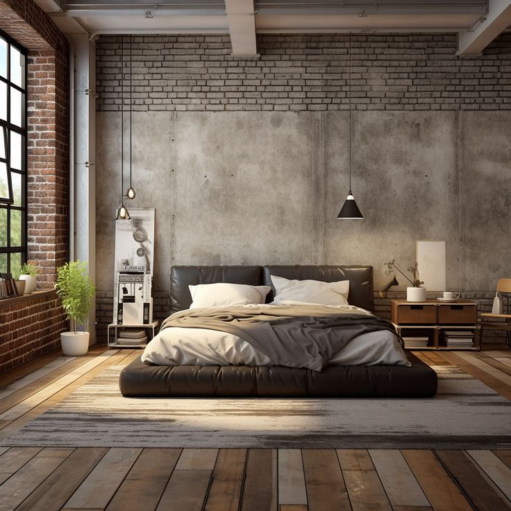 a large bed sitting in the middle of a bedroom next to a brick wall and floor