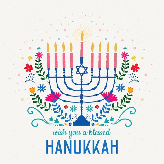 a hanukkah menorah with candles and flowers around it on a white background