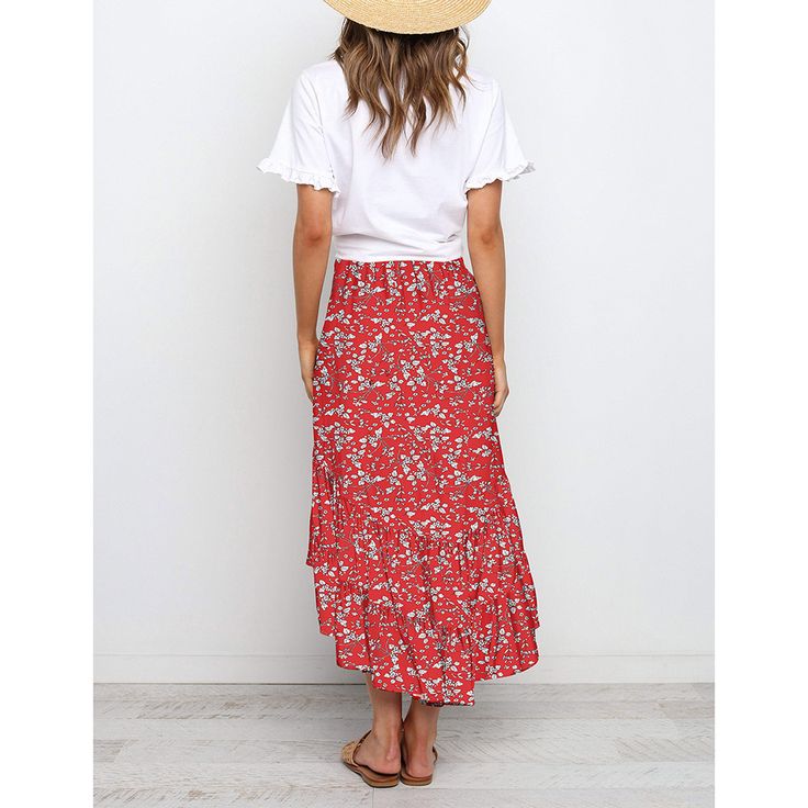 Red Ruffle Detail Irregual Hem Maxi Skirt Red Casual Midi Skirt, Casual Red Midi Skirt, Fitted Red Maxi Skirt For Summer, Casual Red Summer Skirt, Red Skirted Bottoms For Spring, Red Skirted Bottoms For Summer, Summer Flowy Red Maxi Skirt, Flowy Red Maxi Skirt For Summer, Red Tiered Maxi Skirt For Beach