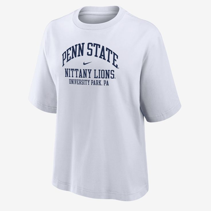 Made with soft cotton, this roomy Penn State tee gives you a relaxed look without feeling too oversized and lets your cheer on the Nittany Lions in comfort. Oversized Nike Cotton T-shirt, Nike Cotton T-shirt For Loungewear, White Nike T-shirt With Text Print, White Pre-shrunk T-shirt For Loungewear, Nike White T-shirt For College, Nike Relaxed Fit Tops For College, Nike Relaxed Fit College Tops, Nike Sporty Loungewear T-shirt, Nike Graphic Print Tops For Loungewear