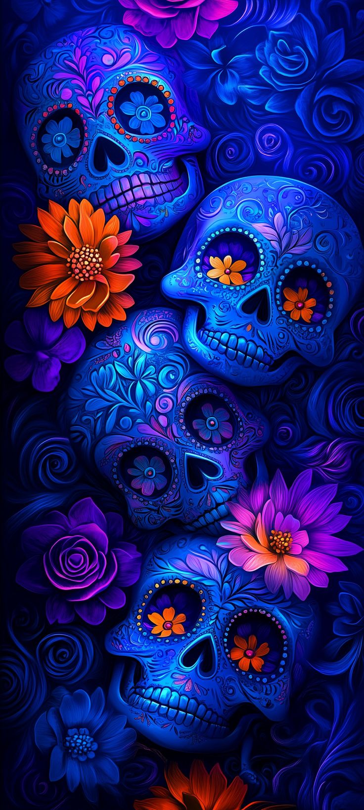 two blue skulls with orange and pink flowers on their foreheads, against a dark background