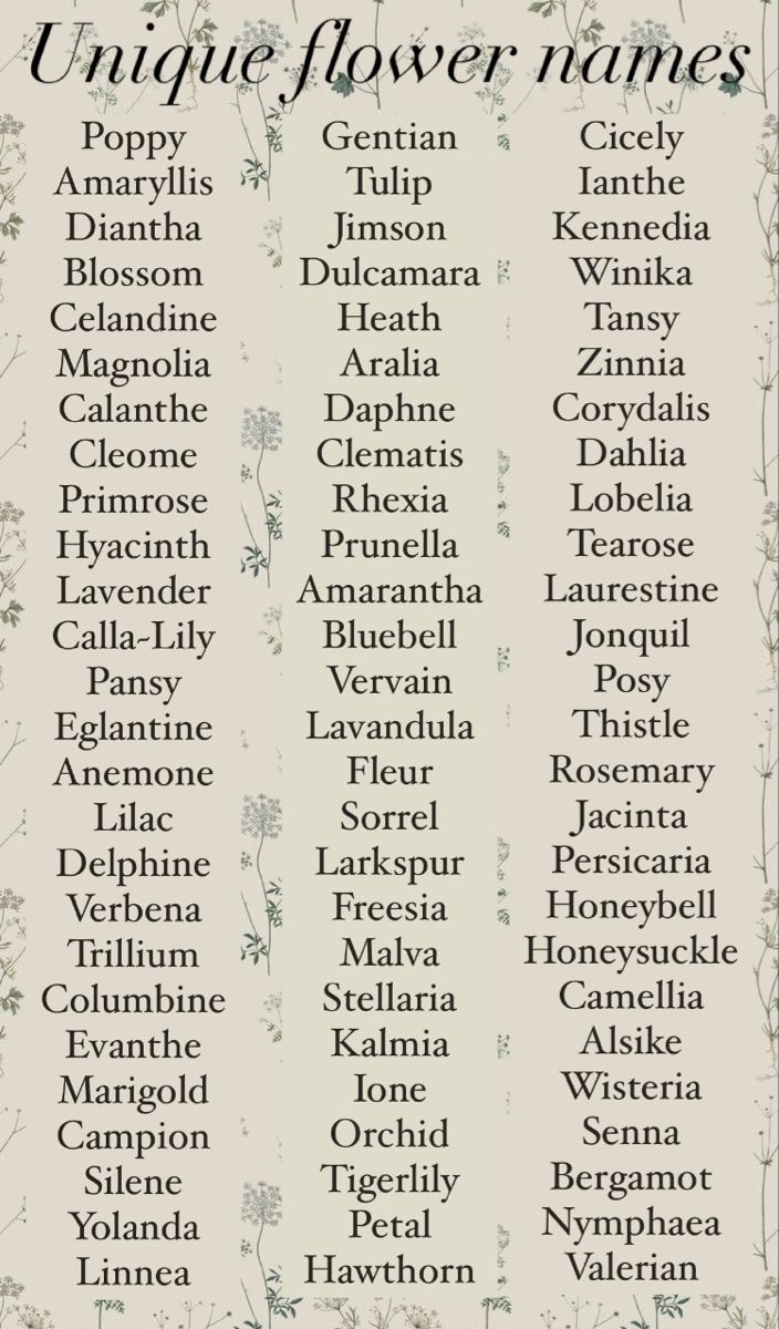 Unique flower names for baby girl or boys. Pretty Flowers Names, Female Character Names List, Aesthetic Flowers Name, Uncommon Names Unique, Flower Related Names, Fantasy Flower Names, Forest Related Names, Masculine Character Names, Names Book Characters