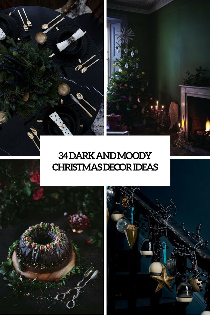 a collage of photos with christmas decorations and candles in the dark, green room