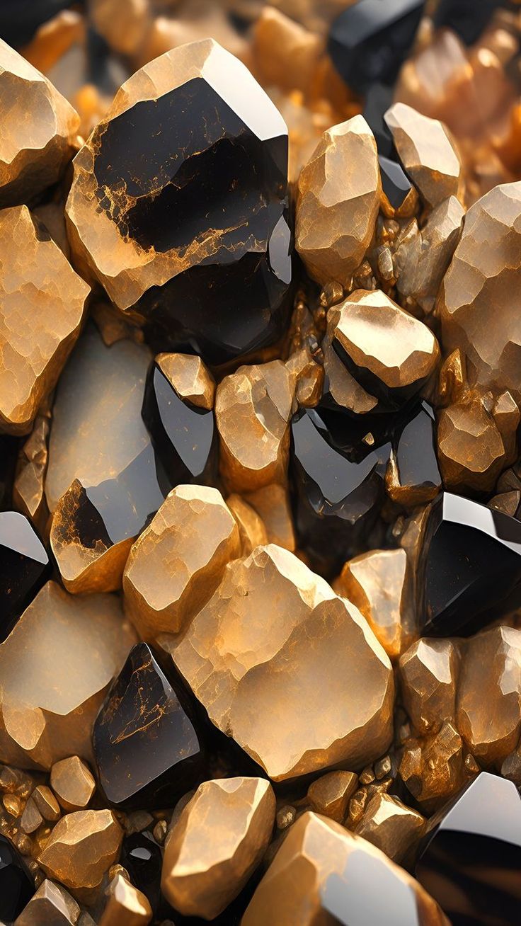 gold and black rocks are piled on top of each other