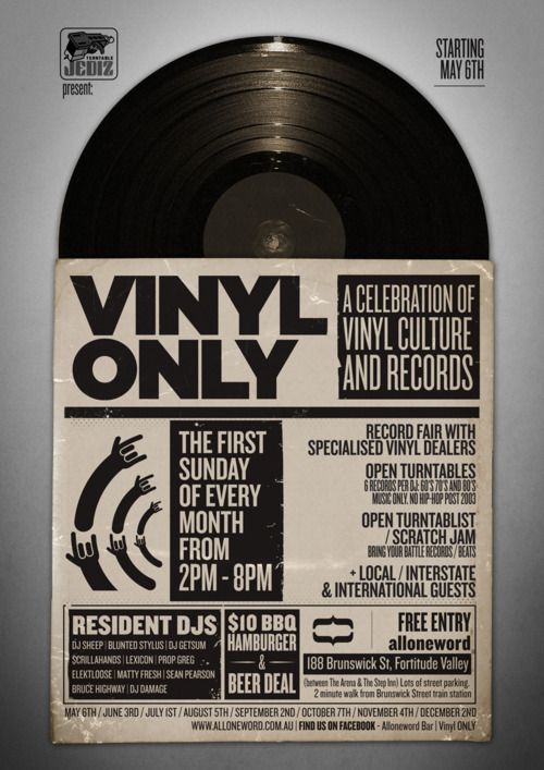 an old vinyl record is on display in front of a poster that says vinyl only