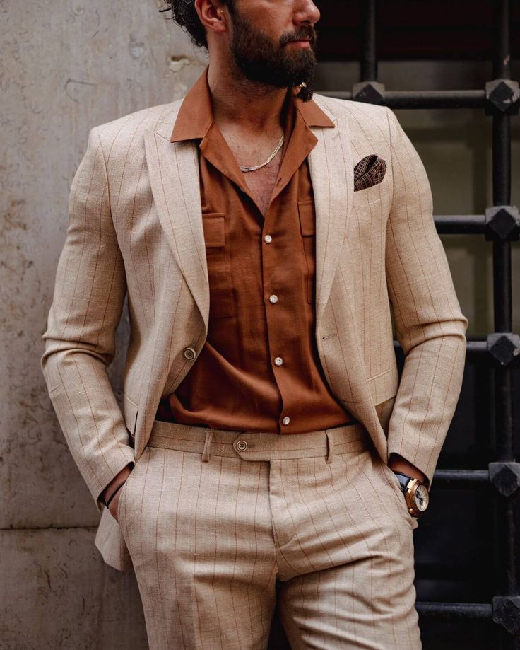 Step into sophistication with our Striped Beige Linen Suit. Visit Suitharbor.com to discover more! Regular Price 265USD FREE Shipping Worldwide 🔍Striped Beige Linen Suit #SuitharborStyle #LinenSuitElegance #StripedSuit #Suitharbor #mensfashionstyle #TailoredElegance Mens Suits Summer, Linen Suits For Men, Suit Details, Costume Beige, Summer Suits Men, Beige Suits, Exude Confidence, Guest Attire, Wedding Attire Guest