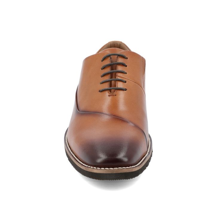 A classic oxford with an asymmetrical detail for a modern twist the Odin by Thomas & Vine. This genuine leather dress shoe features a 6 mm Tru Comfort Foam� footbed and an ExtraLight� outsole for extra support and comfort. Supple genuine leather and a lace-up closure finish this upscale look. Brown Snip Toe Dress Shoes For Semi-formal Occasions, Fitted Oxfords With Round Toe For Semi-formal Occasions, Brown Leather Shoes For Spring Semi-formal, Fitted Pointed Toe Oxfords With Rubber Sole, Form-fitting Pointed Toe Oxfords With Rubber Sole, Spring Business Leather Shoes With Leather Sole, Formal Leather Shoes For Spring, Leather Cap Toe Oxfords For Fall, Spring Business Leather Dress Shoes