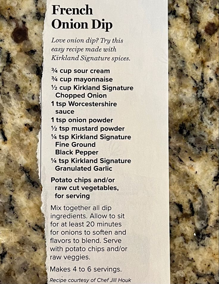 a recipe for french onion dip on top of a granite countertop with the instructions