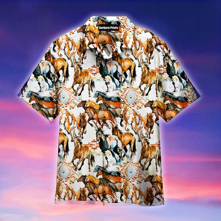 Kentucky Derby Running Wild Horse With Tribal Texture - Hawaiian Shirt Tropical Floral Pattern, Cool Hawaiian Shirts, Wild Horse, Mens Hawaiian Shirts, Aloha Shirt, Hawaii Shirt, Disney Halloween, Wild Horses, Tropical Floral