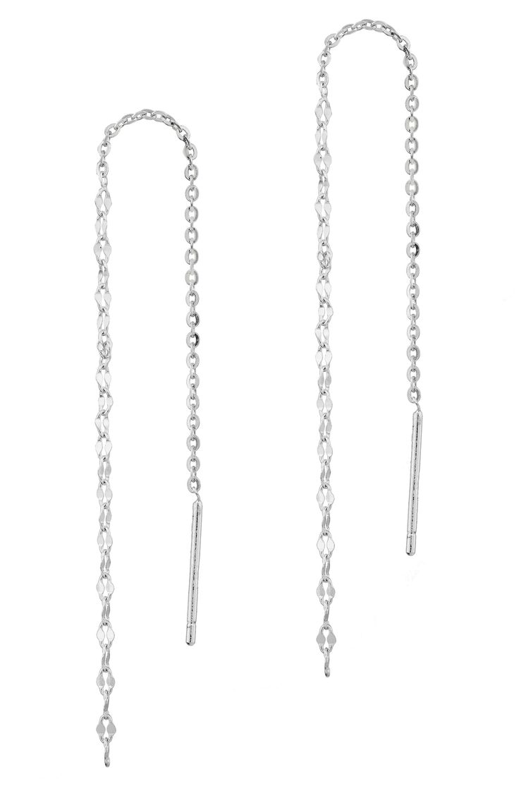 Simple chain lends contemporary charm to threader earrings shaped from bright sterling silver. 1.5" drop Thread-through style Sterling silver Imported Modern Threader Drop Earrings With Adjustable Chain, Modern Adjustable Chain Threader Drop Earrings, Silver Dangle Earrings With Delicate Chain, Silver Drop Earrings With Delicate Chain, Silver Dangle Threader Earrings, Silver Sterling Linear Earrings With Adjustable Chain, Silver Box Chain Dangle Linear Earrings, Silver Dangle Linear Earrings With Box Chain, Silver Dangle Earrings With Cable Chain