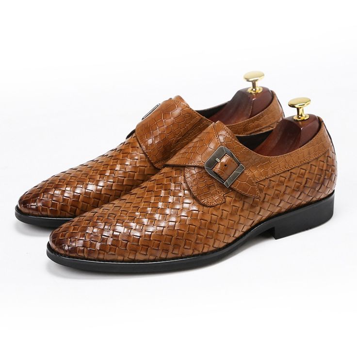 Woven Men's Shoes Formal Leather Shoes Men's Shoes Black-38 Brown Monk Strap Shoes With Almond Toe, Brown Almond Toe Monk Strap Shoes, Business Monk Strap Shoes With Flat Rubber Sole, Monk Strap Shoes With Flat Rubber Sole For Business, Flat Heel Dress Shoes With Textured Sole For Business, Business Leather Shoes With Textured Sole And Flat Heel, Brown Flat Heel Business Dress Shoes, Brown Flat Heel Dress Shoes For Business, Brown Monk Strap Shoes With Textured Sole For Business