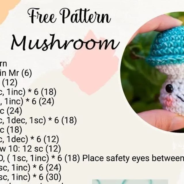 a hand holding a small crocheted mouse with the text free pattern mushroom on it