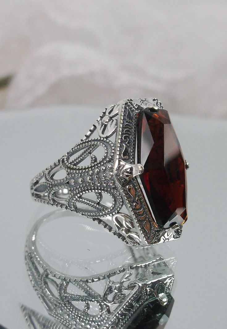 4ct Hexagon Simulated Red Garnet Gemstone Solid Sterling Silver Art Deco/Edwardian Motif Filigree Ring (Made To Order)  #237 Elegant Faceted Ruby Ring For Formal Occasions, Elegant Formal Faceted Ruby Ring, Red Victorian Filigree Ring For Anniversary, Victorian Red Oval Filigree Ring, Ruby Ring With Intricate Design For Wedding, Wedding Rings With Intricate Garnet Design, Classic Red Ring With Intricate Design, Red Victorian Filigree Ring With Gemstone, Art Deco Octagon Ring For Formal Occasions