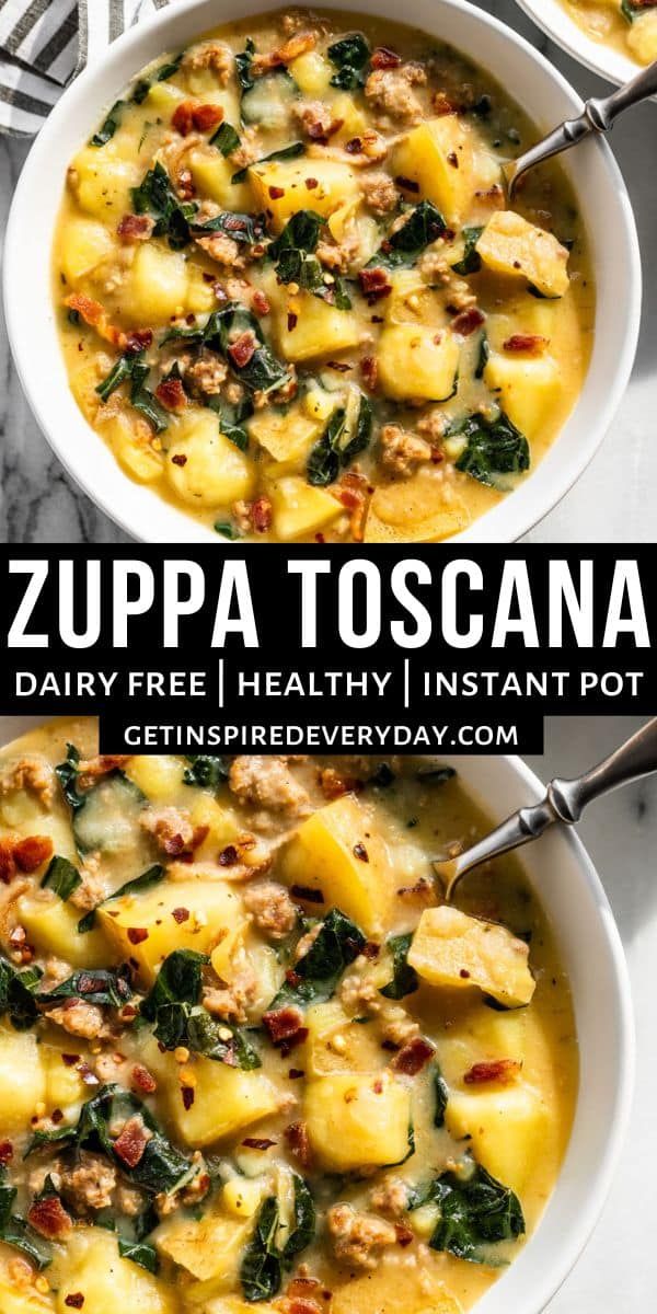 two bowls of zuppa toscana with spinach and sausage in them on a marble surface