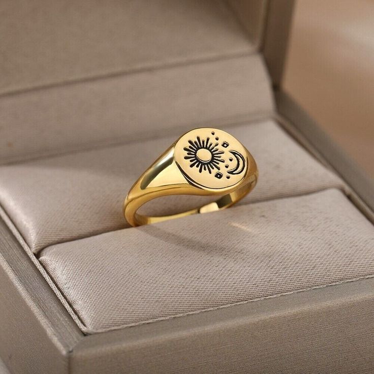 18K Gold Sun Moon Ring, Sun Signet Ring, Tarot Sun Signet Ring | eBay Mystical Sun And Moon Design Ring, Spiritual Open Ring With Sun And Moon Design, Symbolic Moon Phase Rings As Gift, Mystical Gold Round Rings, Symbolic Moon Phase Rings For Gifts, Symbolic Sun And Moon Open Ring, Mystical Moon-shaped Gold Rings, Gold Moon Phase Ring As Gift, Celestial Moon Phase Rings As Gift