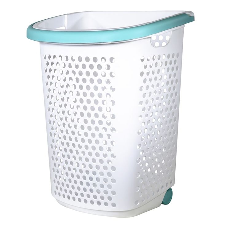 a white trash can with a blue lid on the side and a plastic basket underneath it