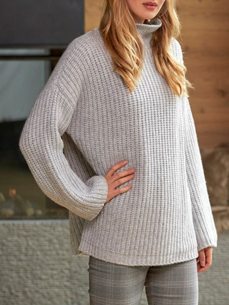 Grey Knitted Turtleneck Long Sleeve Plus Size Sweater Casual Soft Knit Turtleneck For Fall, Casual Knit Funnel Neck Turtleneck, Casual Funnel Neck Knit Turtleneck, Casual Solid Chunky Knit Turtleneck, Casual Knit Turtleneck For Fall, Casual Long Sleeve Chunky Knit Turtleneck, Casual Chunky Knit Long Sleeve Turtleneck, Cozy Knit Sweater With Funnel Neck, Cozy Funnel Neck Fall Sweater