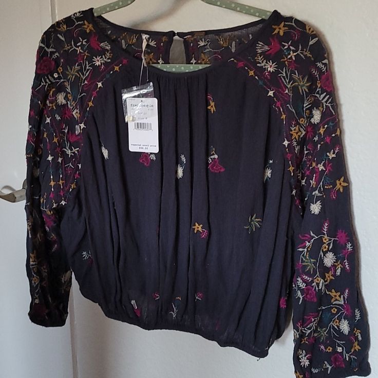 Brand New Free People Shirt Has An Elastic On The Bottom. Casual Purple Blouse With Floral Embroidery, Purple Floral Embroidered Top For Fall, Purple Floral Embroidery Top For Fall, Purple Floral Embroidery Top For Spring, Casual Purple Blouse For Fall, Free People Shirt, Free People Tops, Blue Purple, Blue And Purple