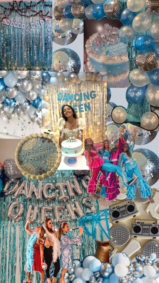 a table topped with lots of blue and silver balloons