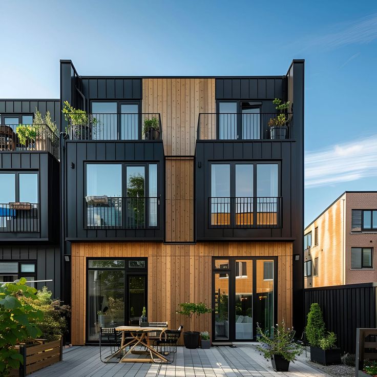 an apartment building with wooden floors and balconies on the second floor is surrounded by greenery