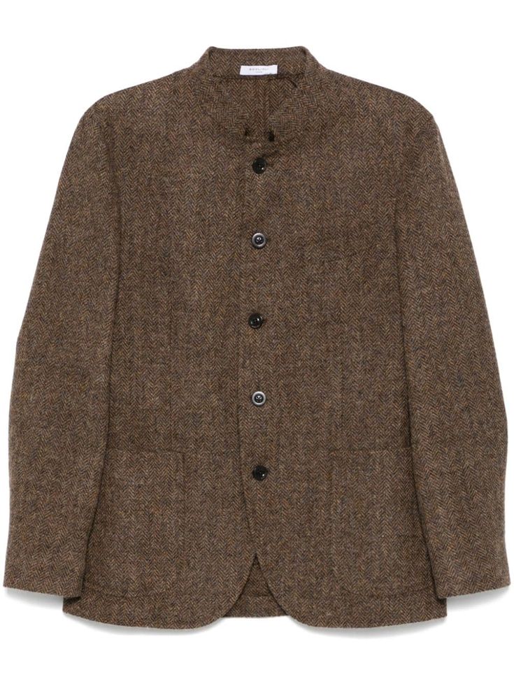 earth brown wool tweed herringbone pattern front button fastening stand-up collar long sleeves two front patch pockets English rear vents partial lining straight hem Herringbone Blazer, Concept Clothing, Brown Tweed, Broadway Musical, Balenciaga Triple S, Dress Watch, Custom Watch, Tweed Blazer, Short Suit