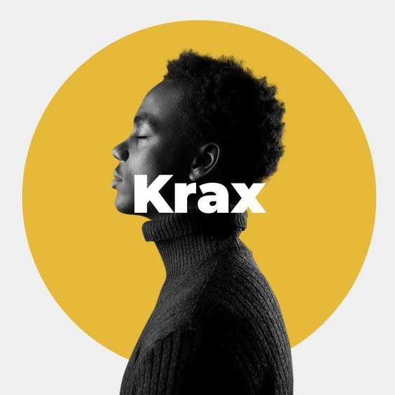 a woman with her eyes closed and the word krax in front of her